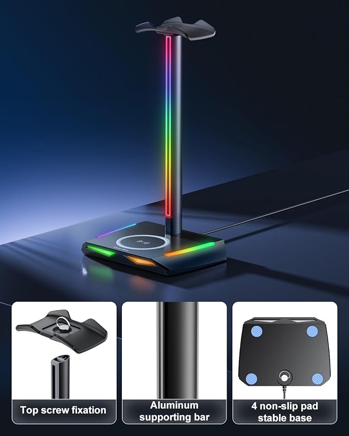 New Bee RGB Headphone Stand with 2 USB-C & 1 USB Charging Ports, Desk Gaming Headset Holder with 7 Light Modes and Non-Slip Rubber Base Suitable for All Earphone Accessories