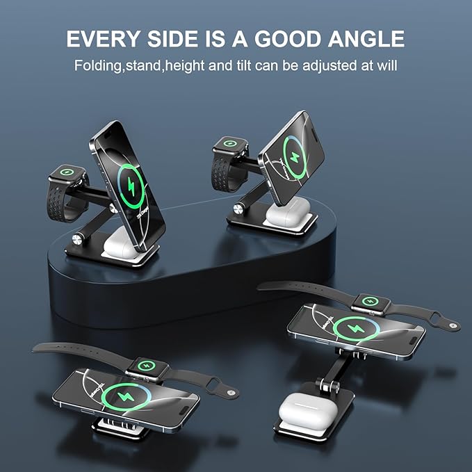 Wireless Charger 3 in 1,Foldable Wireless Charging Station for Apple MagSafe Charger,Aluminum Portable Magnetic Travel Charger Stand for iPhone,Watch,Aipods (with 20W Adapter & Case)