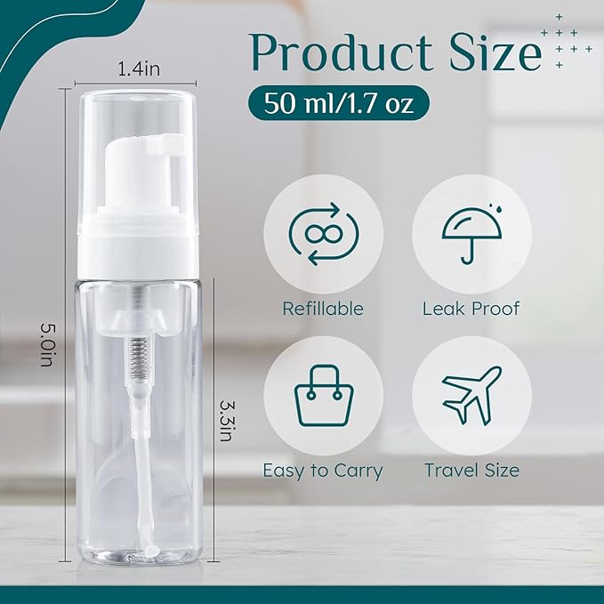 RAYNAG 2 Pack Foam Pump Bottles, Mini Travel Size Foaming Soap Dispenser Clear Plastic Pump Bottle, 50 ml/1.7 oz