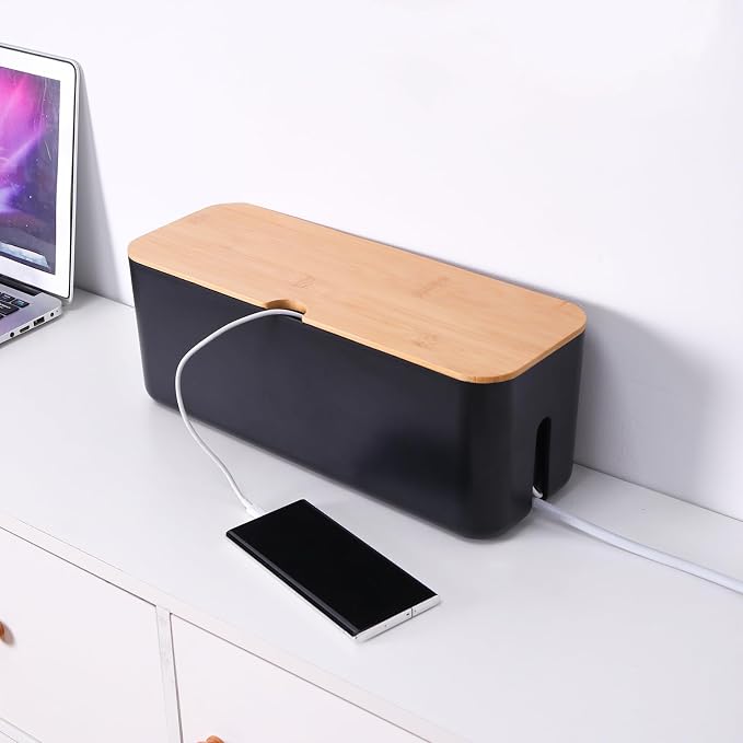 Changsuo Cable Management Box Small White Cable Organizer Box for Extension Cord Power Stripe Surge Protector Wire Management Concealer Organizer Cover Hider for Desktop Home Office Kitchen (Black)