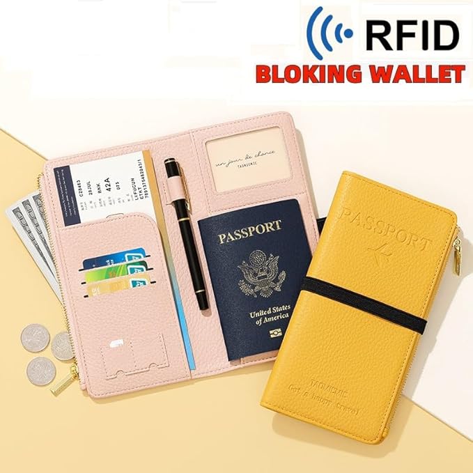 DOB SECHS Leather Passport Holder, RFID Blocking Passport Wallet Credit Cards Case for Women, Travel Accessories Organizer Pouch Bag with ID Window+Zippered Cash Pocket+SIM Slots, Yellow