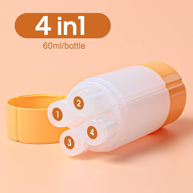 Olatay Travel Bottle, TSA approved 4-in-1 Leak-Proof Bottle, 4 * 60ml/2oz, with 2 Pre-printed Labels for Travel Gym Camping, Carry-On Travel Size Toiletries Shampoo Lotion Bottle for Women Men（Orange）
