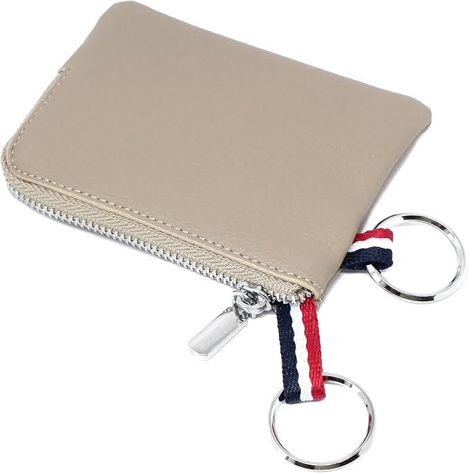 Leather Coin Purse, Change Purse for Men Women (Light khaki, standard) | Mini Coin Pouch with Zipper & 2 Keyrings, Water-resistant Genuine Leather Wallet for Pocket, Daily,Gifts
