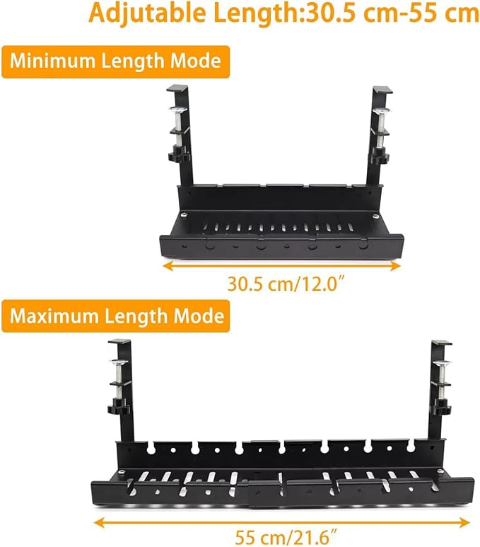 No Drilling Extendable Under Desk Cable Management, Metal Cable Tray Under Desk with Clamp, Retractable Power Strip Cord Holder for Wire