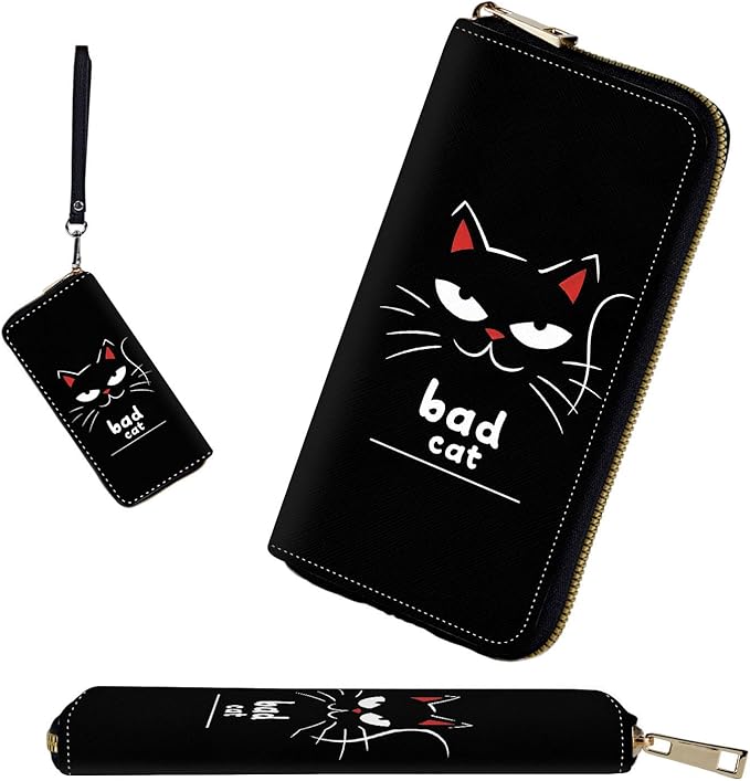 RFID-Blocking Zip Around Wallets for Women with Detachable Wrist Strap,Large Capacity Phone Holder with Card Organizer & Coin Pocket,Funny Cat