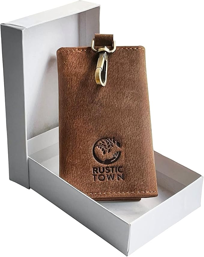 RUSTIC TOWN Leather Key Holder - Smart Fob Car Key Loop Wallet Slim Keychain Pouch - Practical Key Organizer for Men & Women