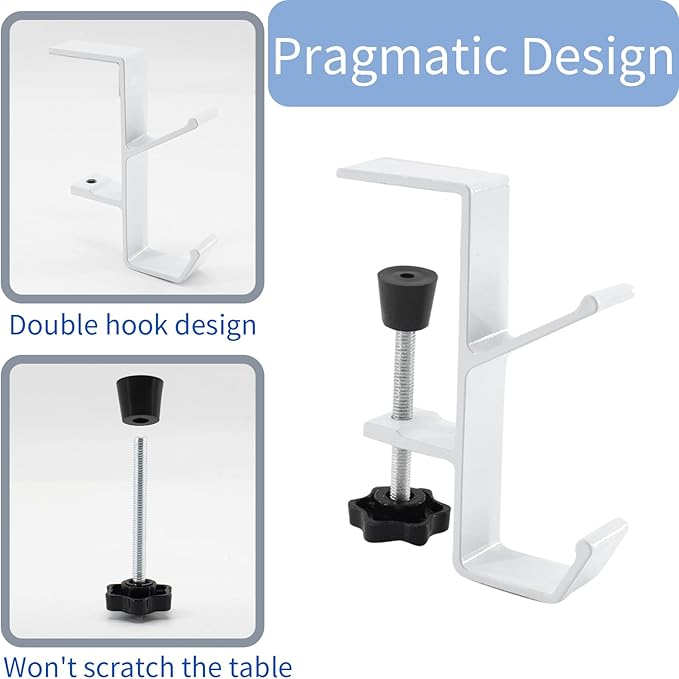 Desk Mount Bag Holder Hook Clamp,On Backpack Hanger Portable Desk Mount Headphones Holder for Reduce Desk Clutter Table Desk Table Hanging Storage (2 Pcs-Double Hook White)