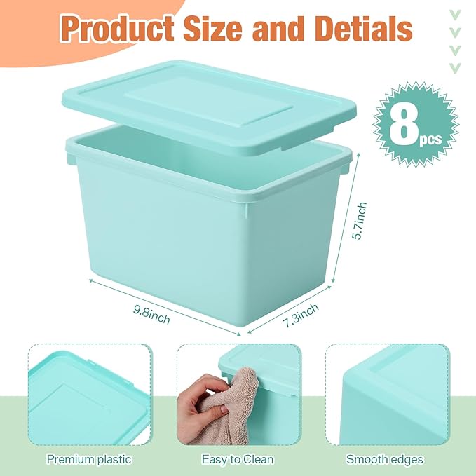 Potchen 8 Pack Cute Plastic Storage Bins with Lids Decorative Stackable Storage Boxes 9.8" ×7.3" ×5.7" Small Storing Totes for Organizing Craft Office Supplies (Mixed Color)