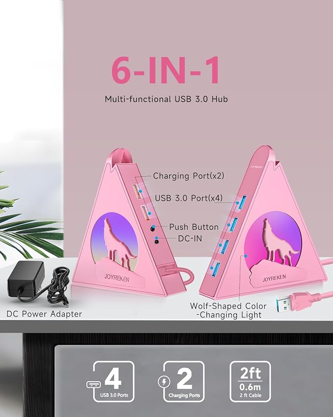 Powered USB Hub 3.0, 6-Port Hub(4 USB 3.0 Data Ports + 2 Smart Charging Ports) with 48W AC Adapter, RGB Light, Compatible with PC, Laptop, Mac, External Hard Drives, PS4, Fast Charging for Phone(Pink)