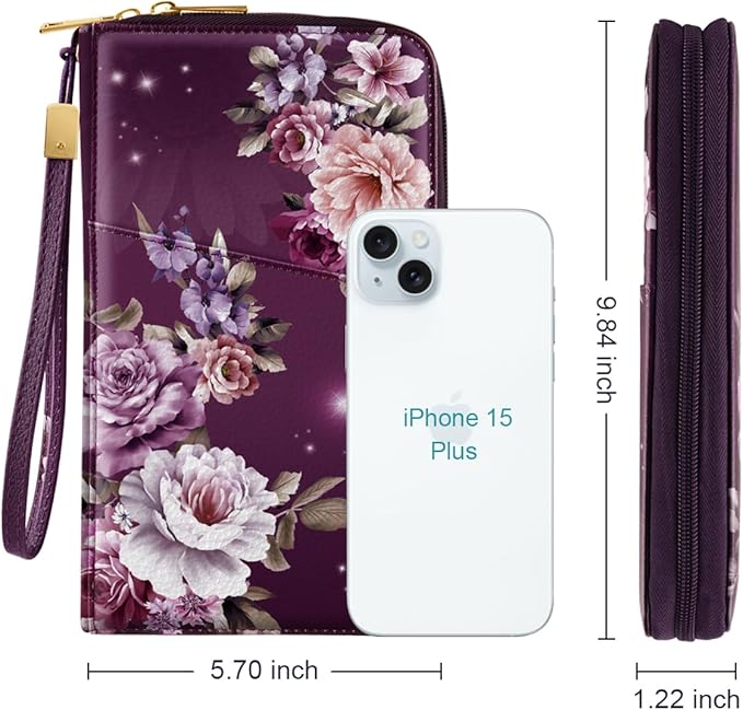 Family Passport Holder Wallet RFID Blocking Document Organizer PU Leather Mulit-purpose Travel Wallet Credit Cards Case for Women Men,Purple Flowers