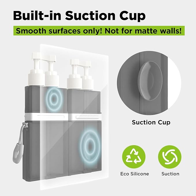 4 in 1 Travel Dispenser Bottle, TSA Approved Refillable Shampoo and Conditioner Bottles Set with Suction Cup for Smooth Walls, Travel Size Toiletries Container for Body Wash/Lotion.(Grey)