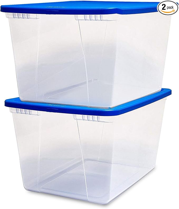 HOMZ 2-Pack Snaplock, Large Clear Plastic Storage Organizer Bins w/Lids, 56 Quart, Blue - Stackable Container Boxes for Bedroom, Bathroom, Garage, and Office Organization