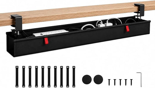 Under Desk Cable Management Tray, 90CM Extra Large, No-Drill Clamp Mount Cable Organizer, Hide Power Strips, Adapters & Wires, Easy Access Fabric Cable Basket for Standing Desks & Home Offices