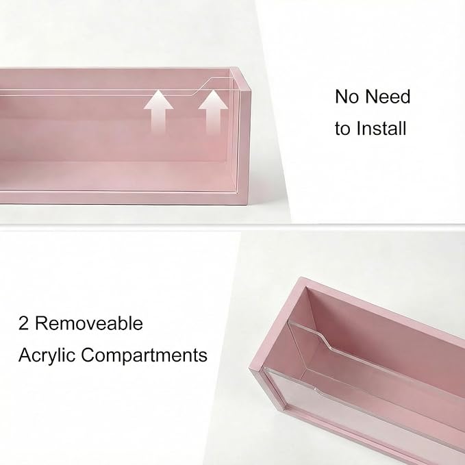 Aesthetic Pink Mail Organizer with Clear Acrylic Dividers - Adjustable Desk & Wall Mount Letter Holder, Modern Paper Sorter for Home Office Decor