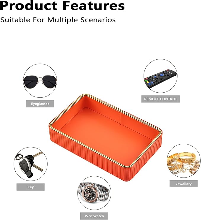 PU Leather Valet Tray,Desk Organizer Tray Nightstand Organizer Trinket Dish Storage Key Bowl Decorative Trays for Phone Wallet Jewelry Watch Bathroom Bedroom Perfume Vanity Trays,Orange