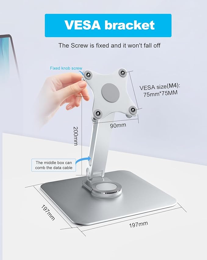 75x75mm VESA Monitor Mount Stand, M4 Anti-Loss Screws, Aluminum Alloy Base, Fits 7"-18" Small Portable Monitors, Silver Foldable Lay Flat Monitor Stand (Not Fit 100x100mm Vesa)