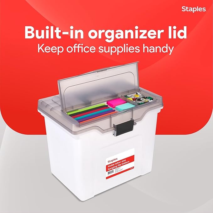 STAPLES File Box - Portable Letter-Size Storage Tote with Lid, Handle, Organizer Tray, Clear Plastic Filing Bin