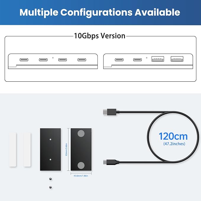 EJAY 4-Port Magnetic USB Hub, 3 USB 3.0 + 1 Type C Port, 5Gbps Data Transfer, Includes 2 Packs Sliding Rail, Screws and Sticky Pads, Compatible with MacBook, Laptop, PC
