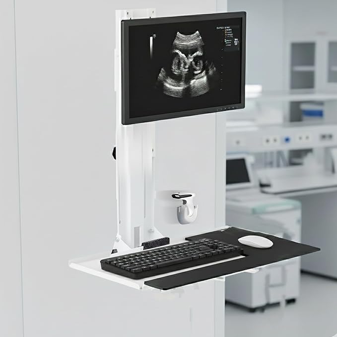 Mount Plus MED01 Medical Monitor and Keyboard Wall Mount For 17" to 32" Display with Height Adjustable Standing Keyboard Tray | Wide Platform with Mouse Pad | Wall Mount Scanner Holder