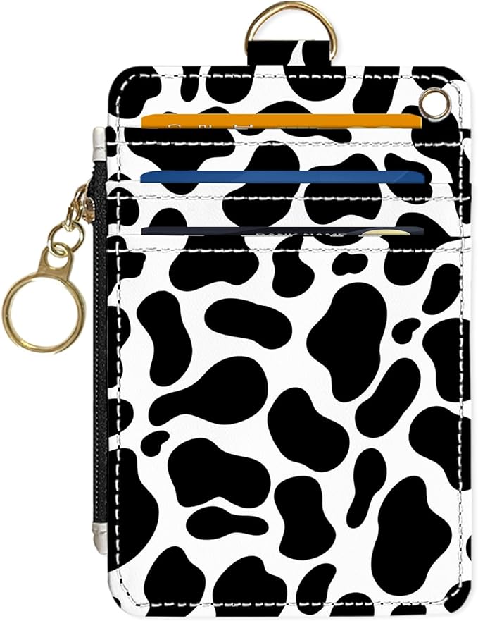 Slim Wallet Credit Card Holder, Black And White Milk Pattern, RFID Wallet Women Cute Small Front Pocket Wallet With Zipper, PU Leather Thin travel RFID Blocking Card Case ID Window ,Ladies Gifts