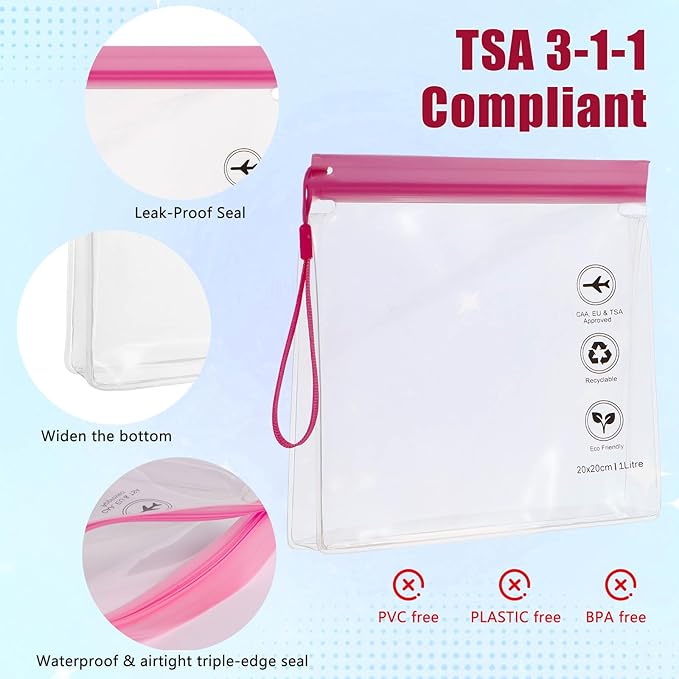 4-Pack 16 Mil Reusable TSA-Approved Quart Size Toiletry Bag with Gusseted Bottom | 1 Liter Leakproof Liquid Bag for Travel | 3-1-1 Compliant for US, UK & EU Flights (Pink)