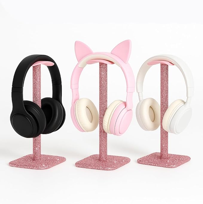 Luxury Rhinestone Headphone Stand – Cute Crystal Headset Holder for Gamer Girl Desk Setup – Bling Kawaii Desk Accessories with Soft Headrest – Aesthetic Gift for Daughter & Girlfriend (Pink)
