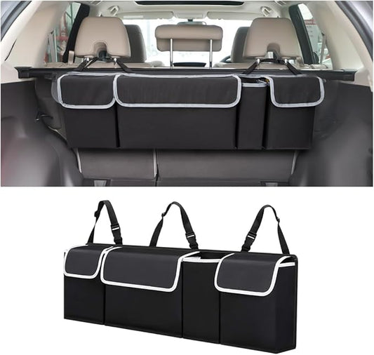 Osilly Car Trunk Organizer with Lid, Backseat Hanging Storage Bag with 4 Pockets & 3 Adjustable Straps, Waterproof PVC Collapsible Cargo Bag, Car Interior Accessories for Auto SUV MPV