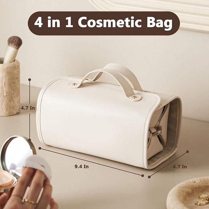 Makeup Bag,Leather Waterproof Cosmetic Bag,Toiletry bag for women,Travel Makeup Bag,Travel Makeup Case, Make up Accessories,Cosmetic Bag,Makeup bag organizer (1, White)