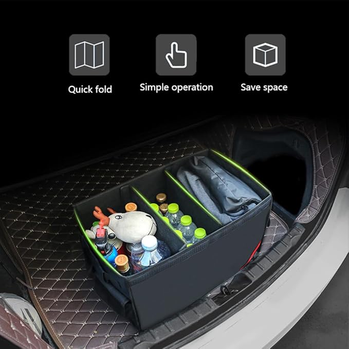Car Trunk Organizer, Large Collapsible Storage Container, Multi-Compartment with Side Pockets, Black
