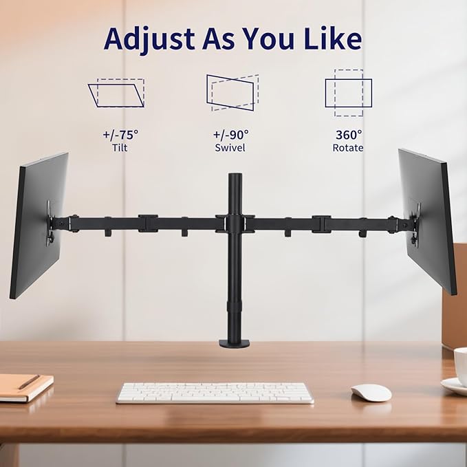 Dual Monitor Mount, Fully Adjustable Dual Monitor Stand for 13"-27" Screens, Holds Up to 22lbs Per Arm with C-Clamp & Grommet Base