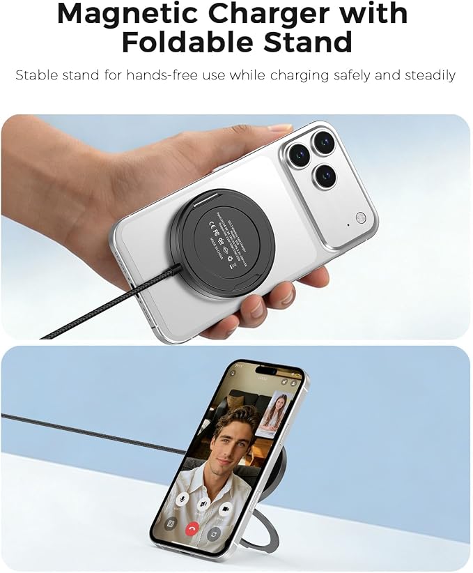 25W Magnetic Wireless Charger, Qi2.2 Fast Wireless Charging Pads with Kickstand,MagSafe Charger for iPhone 17/16/15/14/13/12 Series & AirPods 4/3/2/Pro, Samsung S26 S25 Series, Google Pixel 10