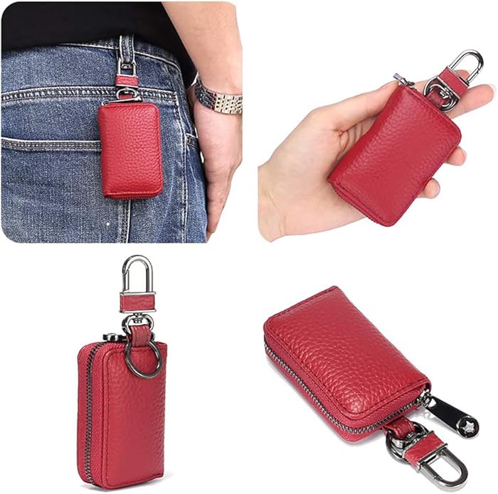 Leather Key Case Holder Auto Key Chain Protector Cover Zipper Bag Remote Fob for Car