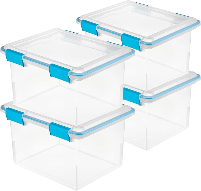 Sterilite 4-Pack Gasket Box, Weather-Resistant Storage Bins with Latching Lids, 32 Quart - Heavy-Duty Organizing Containers for Closet, Bathroom, and Office