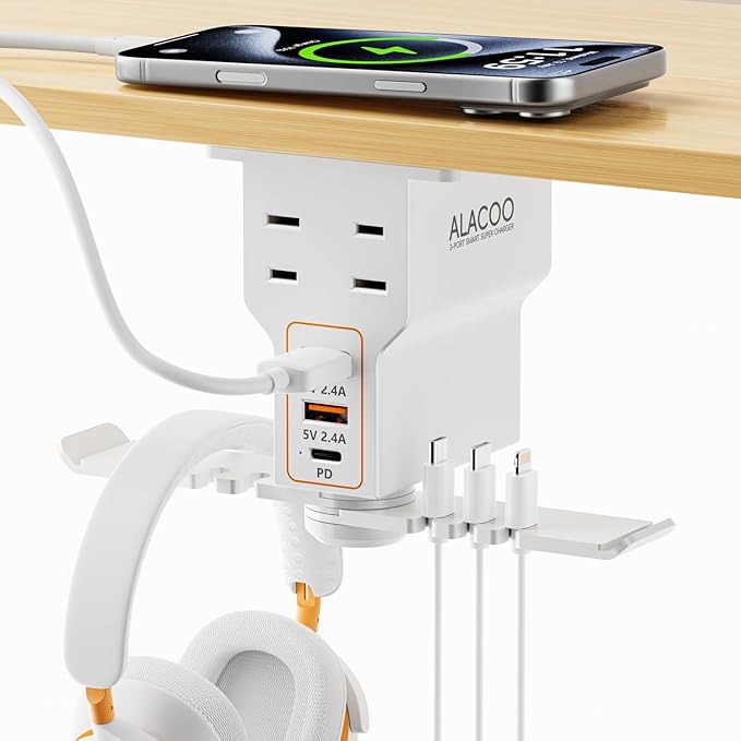 Gaming Headphone Stand with Charging Station - Aluminum Hooks Headphone Holder, Under Desk Headset Stand, 3 USB & AC Outlet, Surge Protector & Cable Organizer, Gift for Girl/Men