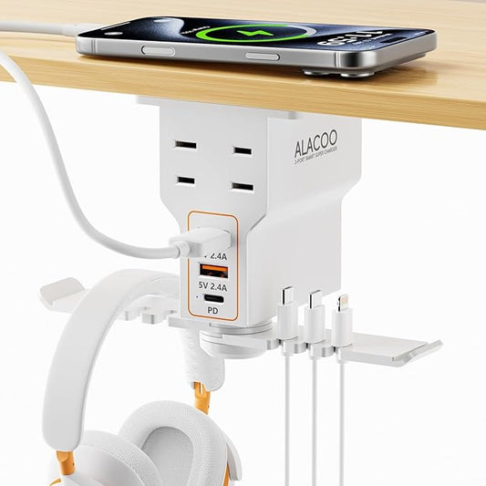 Gaming Headphone Stand with Charging Station - Aluminum Hooks Headphone Holder, Under Desk Headset Stand, 3 USB & AC Outlet, Surge Protector & Cable Organizer, Gift for Girl/Men