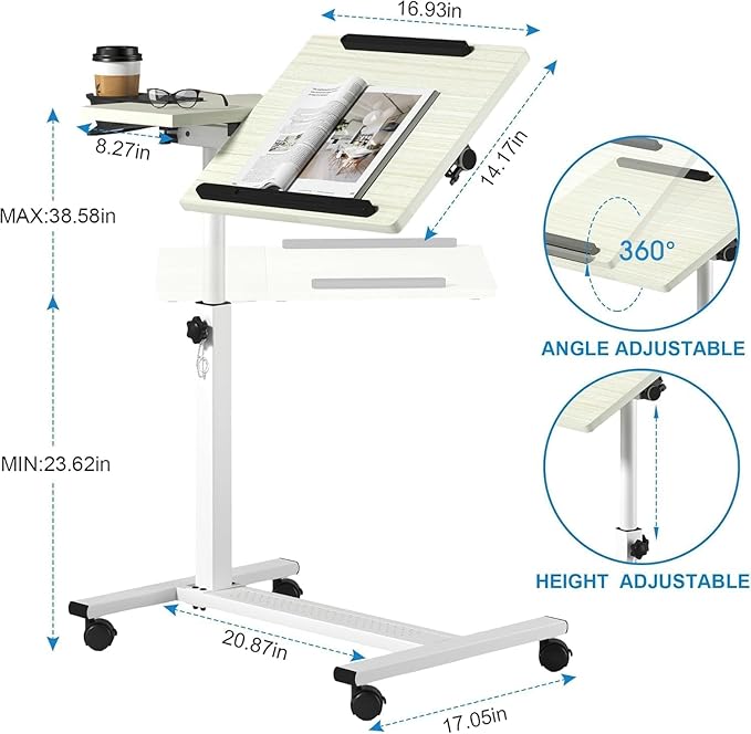 Panta Height Adjustable Rolling Laptop Stand, Overbed Table with 2 Tilting Desktops, Mobile Laptop Table for Couch with Cup Holder, Mobile Computer Workstation for Office, Home and Hospital,Maple