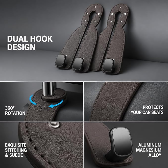 2 Pack Leather Car Seat Back Double Hooks - Heavy Duty Metal Core Headrest Hangers for Purses, Bags & Groceries - Anti-Drop & Scratch-Free Auto Interior Organizer Holder (Brown)