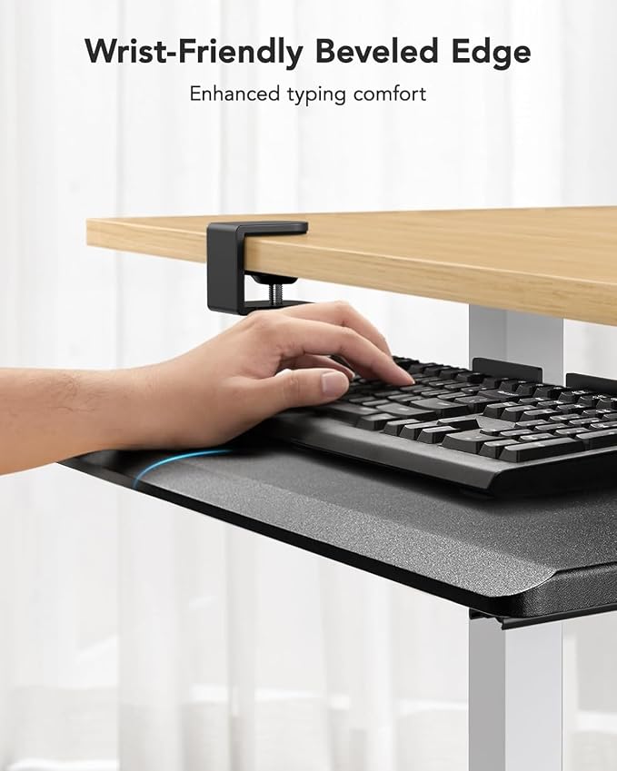 HUANUO Keyboard Tray Under Desk, Keyboard Holder with C-Clamp Hardware, 26.5″ W x 11.8″ D Slide Out Computer Keyboard & Mouse Tray for Home Office, Black, HNKB12B, Large