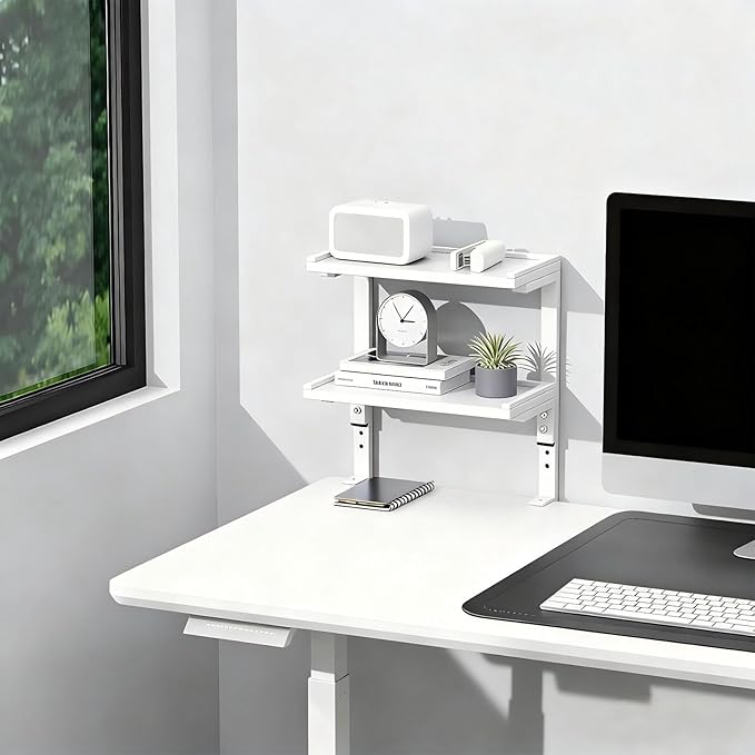 Spacrea clamp on Desk Shelf, 2 Tier Office Desk Shelves Organizer, Wood Desktop Supplies Storage Rack, Desk Organizers and Accessories (White)