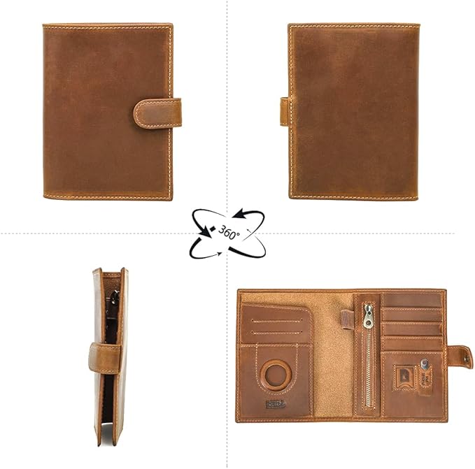 CONTACTS Full Grain Leather Passport Holder Compatible with Airtag RFID Blocking Passport Wallet Travel Slim Passport Cover with SIM Card Removal Tool (Camel Brown)