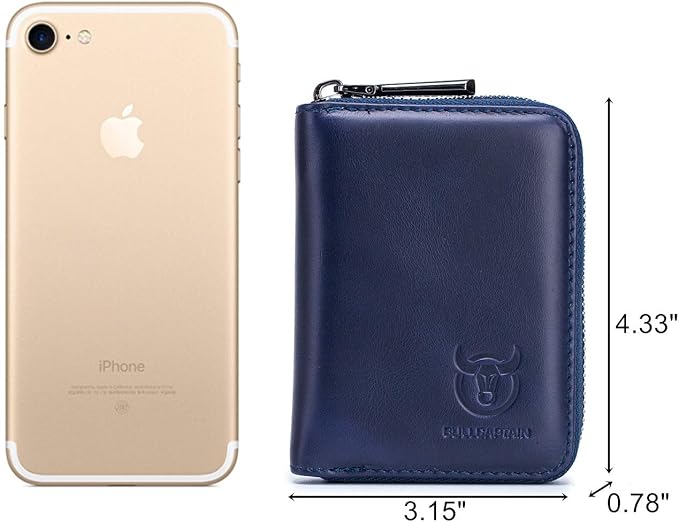 BULLCAPTAIN Genuine Leather Men Wallet Card Holder Cards Zipper Credit Card Pack Case Purse (blue)