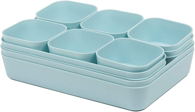 Backerysupply Set Of 12 Blue Color Plastic Desk Drawer Organizers For Makeup Bathroom Office Kitchen Vanity Drawer Storage Box Container