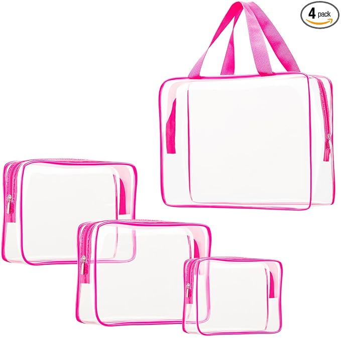 4Pcs Crystal Clear PVC Travel Toiletry Bag Kit for Women Men, Waterproof Vinyl Packing Organizer Storage Bags with Zipper Handle Straps, Cosmetic Pouch Carry on Airport Airline Compliant Bag Handbag