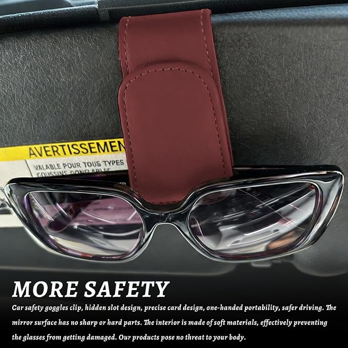 Sunglass Holder for Car, Car Sunglass Holder, Magnetic Leather Sunglasses Holder and Ticket Card Clip, Auto Multi-Functional Sun Visor Eyeglass Holders for SUV Pickup Truck (Wine Red)