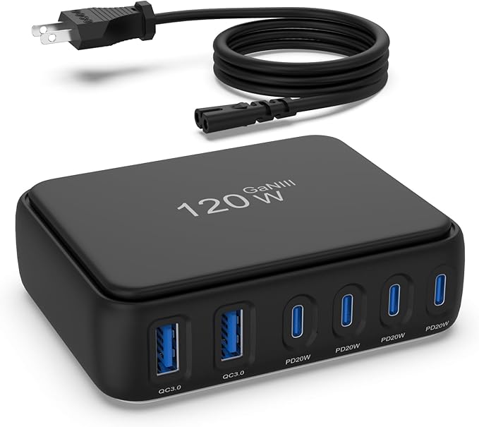 Desktop Fast Charging Station, 120W GaN 6-Port Multi Port Charger with Independent Power Delivery—USB C Power Strip & Charging Hub, No-Buzz Design, Compatible with iPhone iPad Samsung Pixel