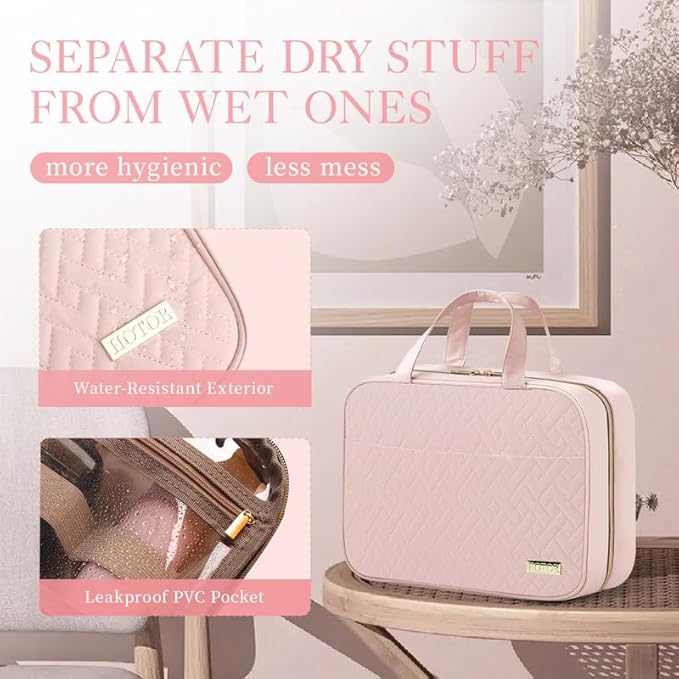 HOTOR Travel Toiletry Bag - Hanging Toiletry Bag for Women & Men, Makeup Bag/Big Comparment, Waterproof for Travel Accessories, Travel Essentials, Large, Pale Pink