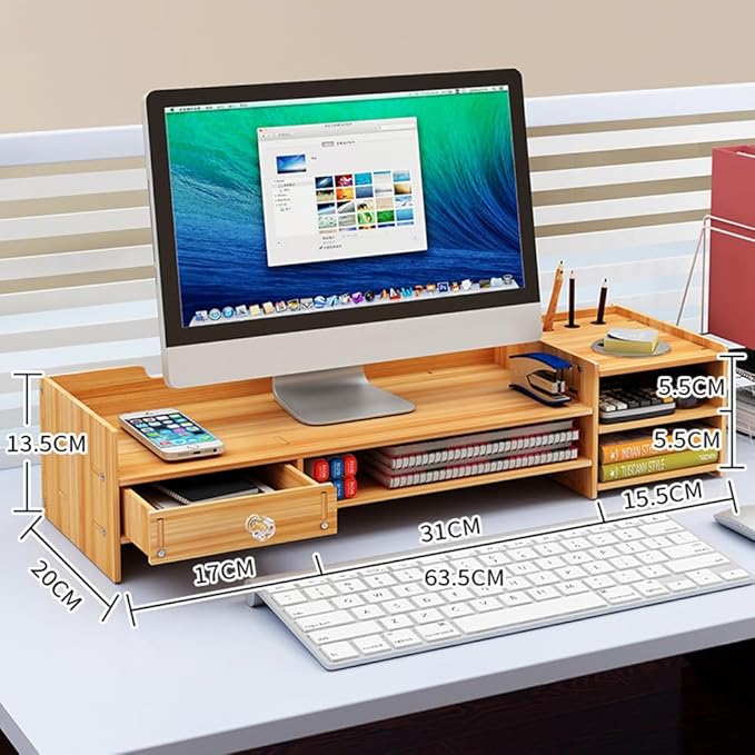 Computer Monitor Height Rack, Desk Shelf with Storage Drawer & Free Phone Stand for Desktop