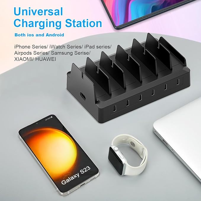 Charging Station for Multiple Devices, 6 Port USB Desktop Charger Dock Compatible with iPad, Samsung, Android, Tablet, Family Multi Phone Charging Organizer with Divider Holders, Fireproof ABS (Black)