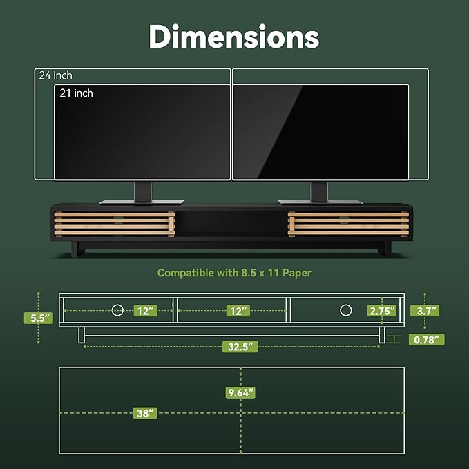 Dual Monitor Stand with Sliding Bamboo Doors - Heavy Duty Wood Computer Monitor Riser for 2 Screens, Ergonomic Desk Organizer with Storage & Keyboard Tray, Natural & Black (38 Inch)