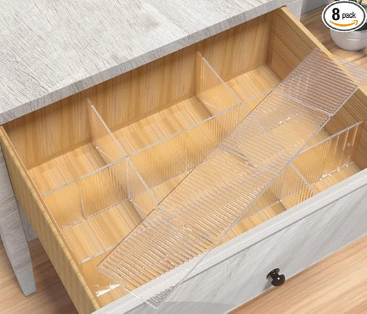 8pcs DIY Plastic Drawer Organizer Adjustable Drawer Dividers for Home Tidy Closet, Socks, Underwear, office school supplies, kitchen utensil tools (Clear White)